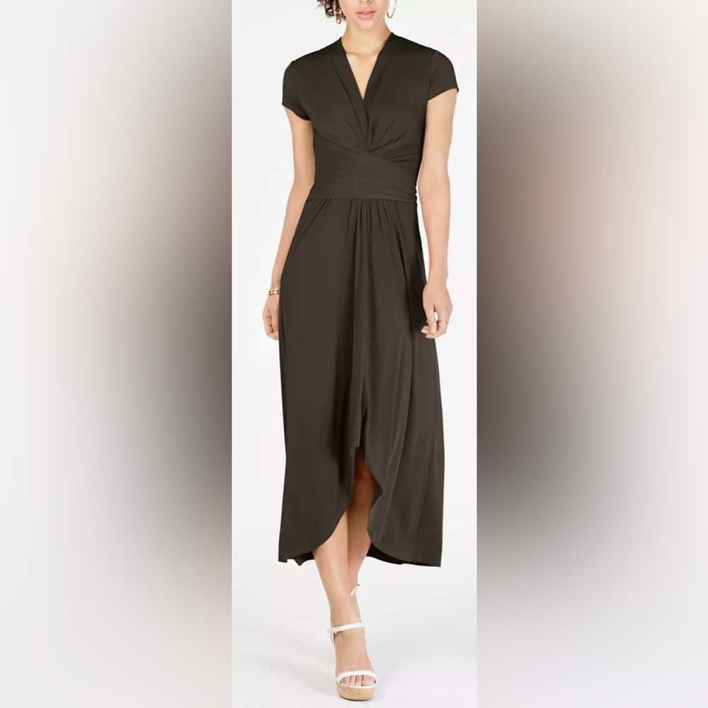 Michael Kors Women’s Black V-Neck High-Low Wrap Midi Dress Size 6 Short Sleeve